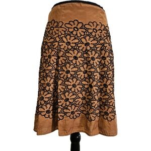 Acorn Silk Cotton Brown Floral Embroidered Eyelet Skirt Size 2  Goblincore